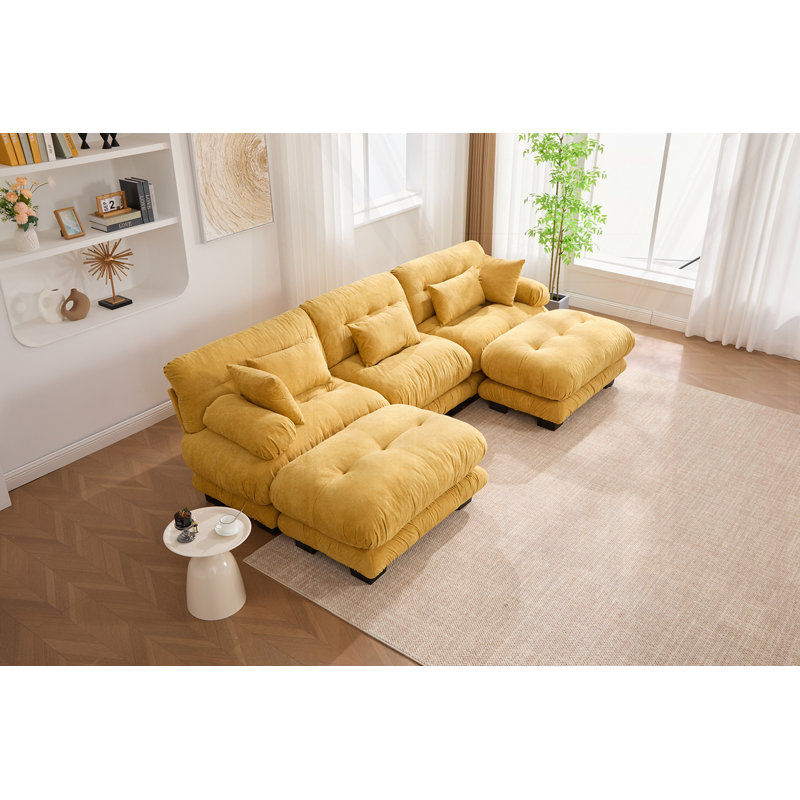 U Shape Cloud Couch With 2 Ottomans, Mustard Yellow