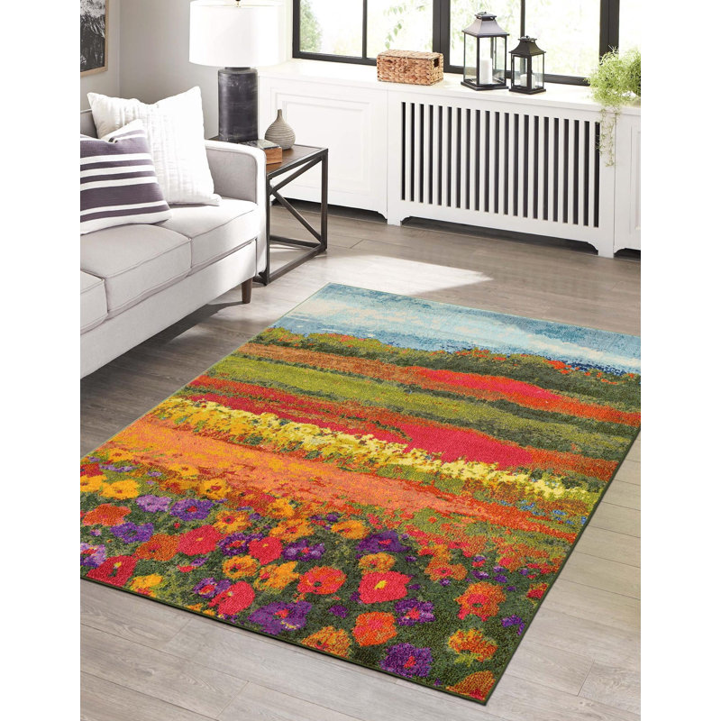 Tapis vert / rouge / jaune Glenarden, Rectangle 5 pi 1 po x 8 pi