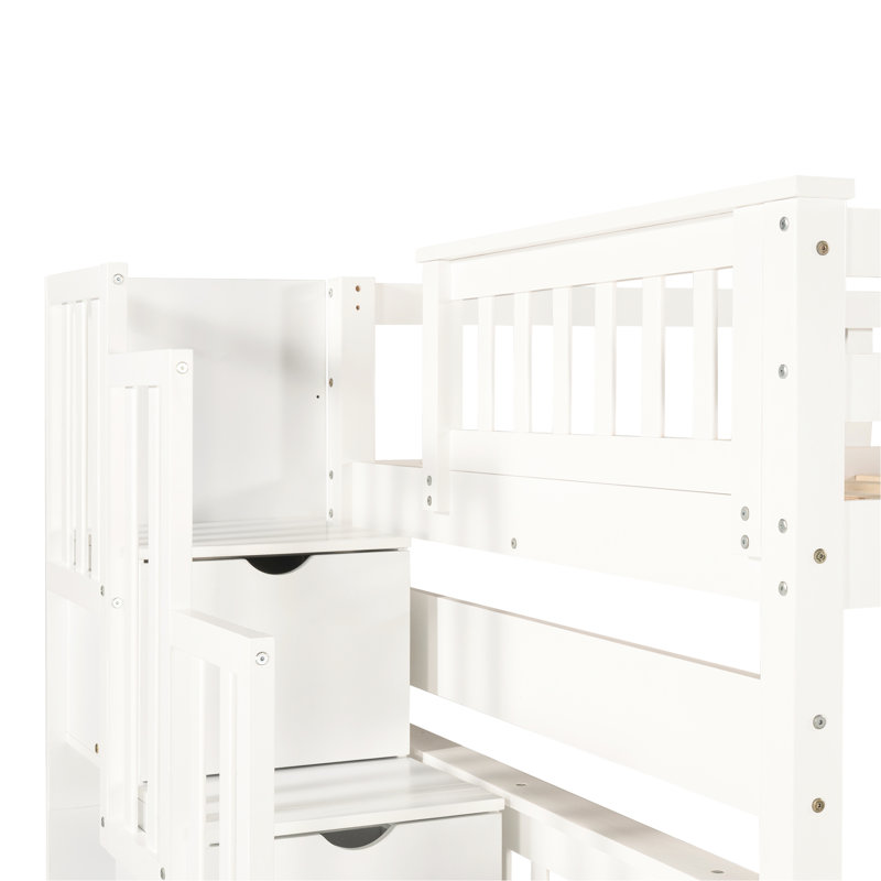 Lit double superposé au-dessus, finition blanche, tablettes et tiroirs pour une utilisation efficace de l'espace, lit de sortie supérieur sécuritaire avec escalier solide avec 6 tiroirs de rangement, articles de literie, pieds en pin