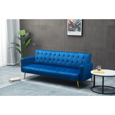 Lit bleu foncé avec dossier - pieds en métal doré, 3, velours, bois massif +, détente pour la maison, charme de salon facile à assembler et durable