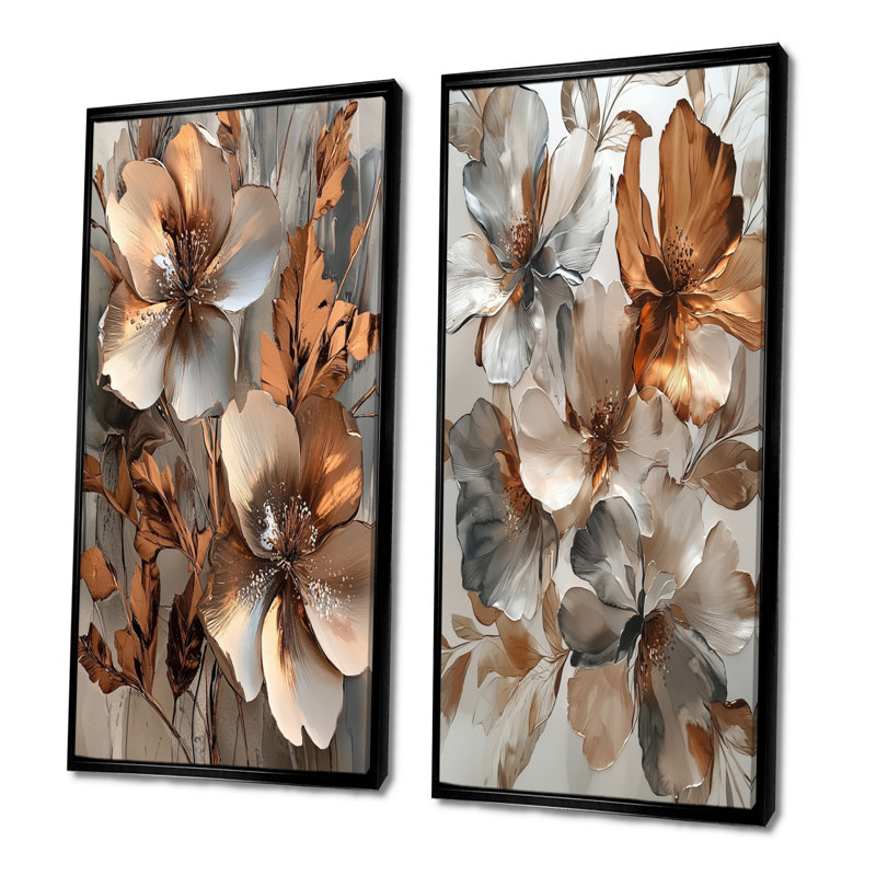 Cuivre métallique et chrome fleurs abstraites I - Collection de 2 toiles abstraites sur toile, H 32 po x l 33 po