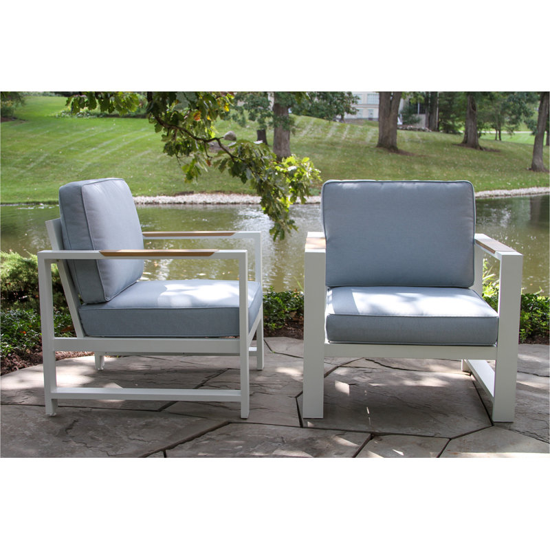Ensemble de conversation avec coussins 5 pièces Jayton, 5 pièces: table, 4 chaises, Coussin bleu / cadre blanc