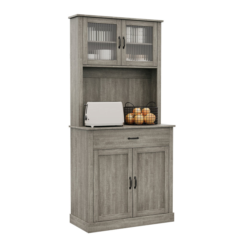 Garde-manger autoportant 71 po avec portes en verre, support pour micro-ondes et tiroir de rangement - grande rehausse de rangement pour la cuisine ou la salle à manger 71 po