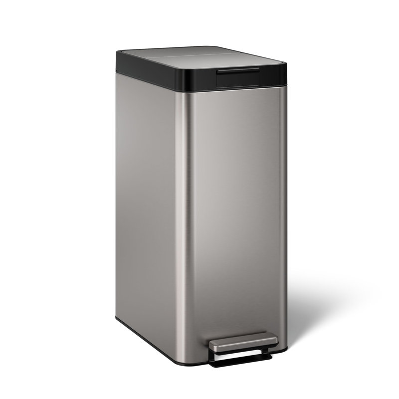 13-Gallon Stainless Steel Slim Step Trash Can With Bifold Lid, Stainless