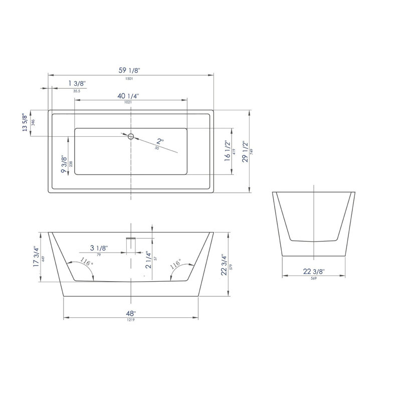 59.06'' x 29.53'' Freestanding Soaking No Bathtub, White