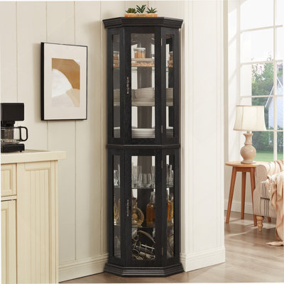 Vitrine de coin lumineuse - étagère en verre avec portes en verre trempé, tablettes réglables et ampoule à perles incluse - armoire de bar idéale pour la décoration intérieure - NOIR