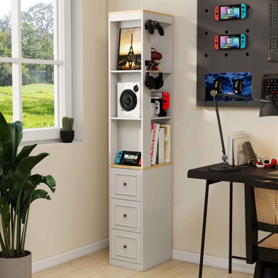 73" Tall Slim Storage Cabinet, 3-Tier Media Storage Cabinet With 3 Drawers And 2 Hooks, Bookcase Display Storage Shelves, Cube CD, DVD, Game Console Storage Cabinet