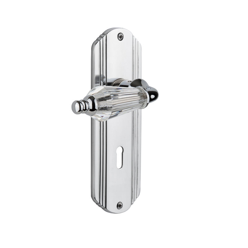 Crystal Parlor Interior Mortise Door Lever with Deco Long Plate, Bright Chrome