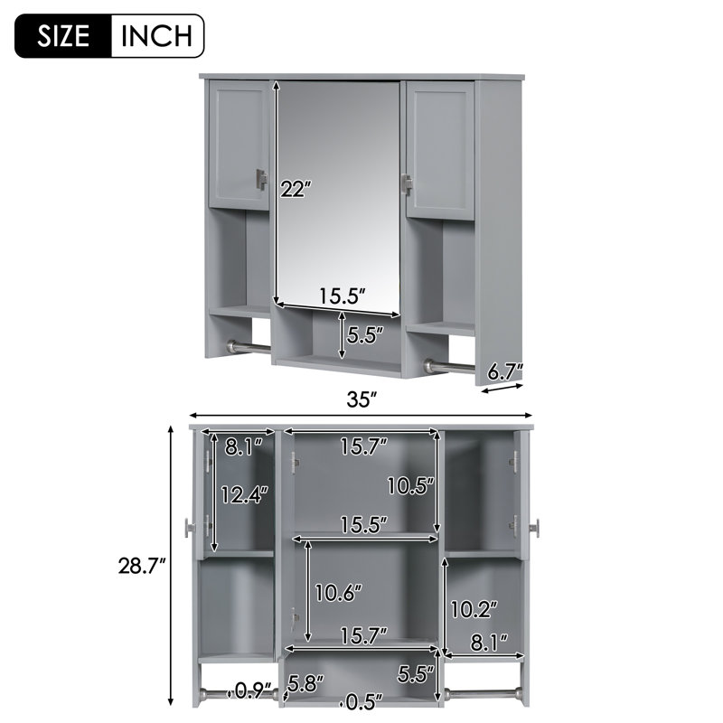 Armoire de toilette murale 35 "avec barre à serviettes et tablettes réglables, Gris