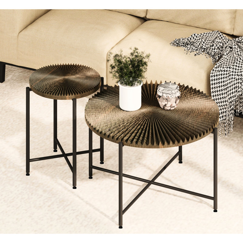 Radial Pattern Coffee And End Tables - Waterproof , Cover, Black Metal Legs, Distressed Cylindrical, Dark Walnut, For Interiors & Table With , Functional Home Decor