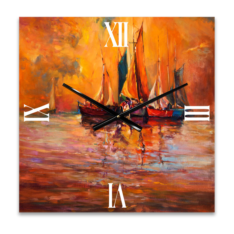 Bateaux sur l'océan au coucher du soleil I Horloge murale, Très grand