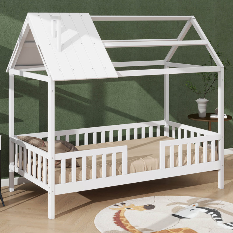 Lit simple en bois avec clôture de protection, Blanc