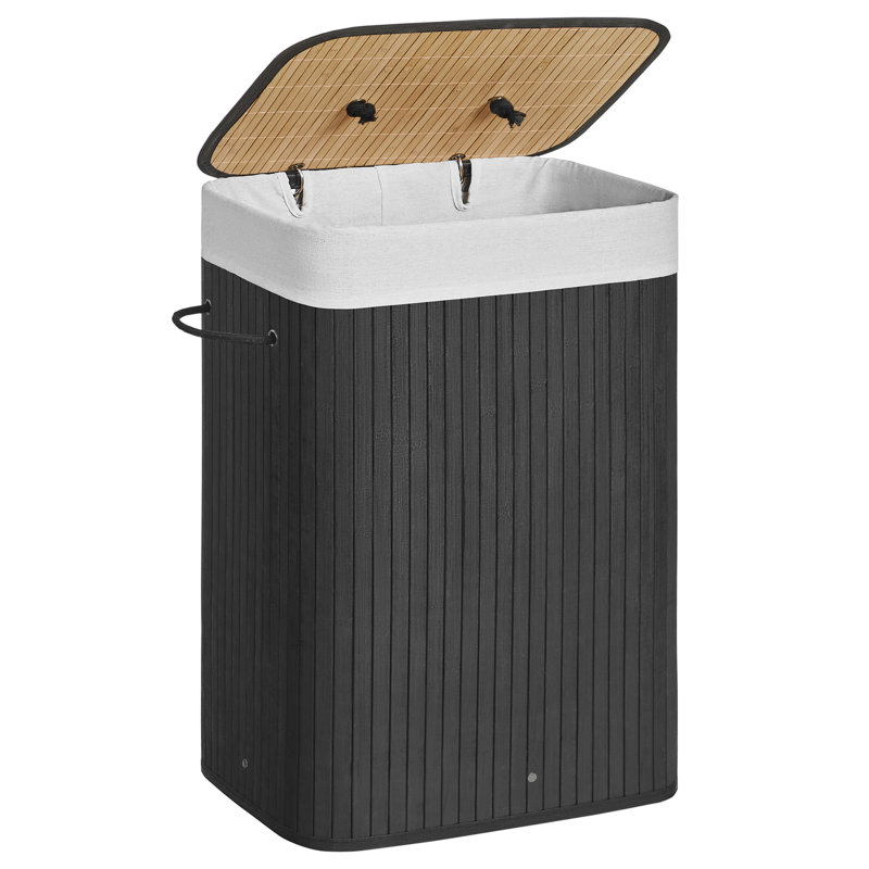 Bamboo Laundry Basket, 72L Foldable Laundry Hamper, Rectangular Storage Hamper With 3 Handles, 40 X 30 X 60 Cm, White, Black