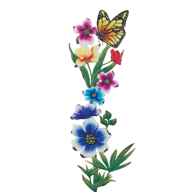 Metal Garden Stake with Hand Painted Floral Design and Decorative Top Ornament, Butterfly