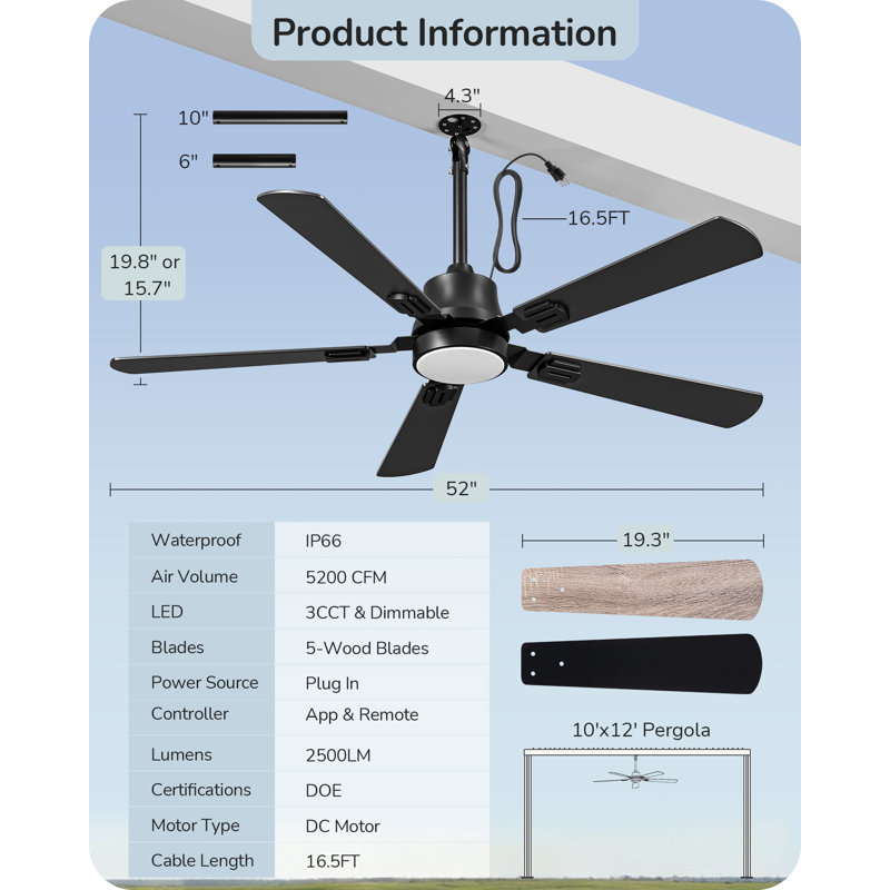 Ventilateur de plafond extérieur 52 "avec lumière, 5200CFM, 3CCT, télécommande