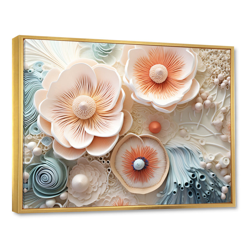 «Blue and White Coral Underwater Bouquet I - Coastal Coral Under Water», reproduction sur toile encadrée, Cadre flottant doré