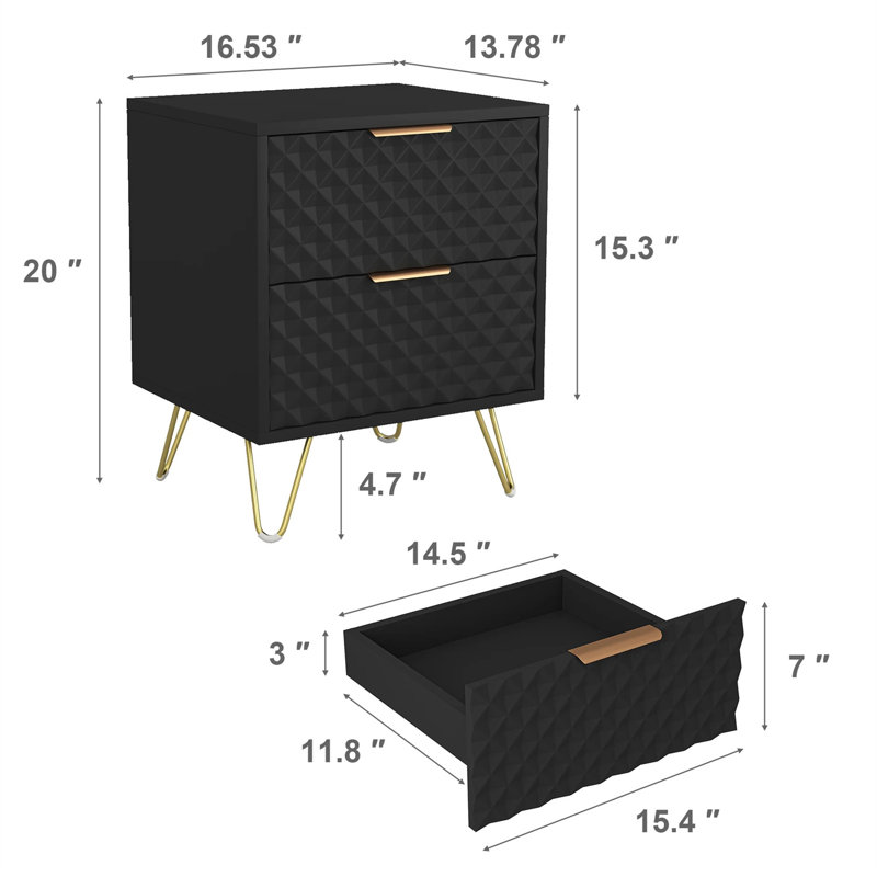 2-Piece Modern Black Wood Night Stand Set With 2 Drawers Gold Legs For Bedroom Living Room, Black