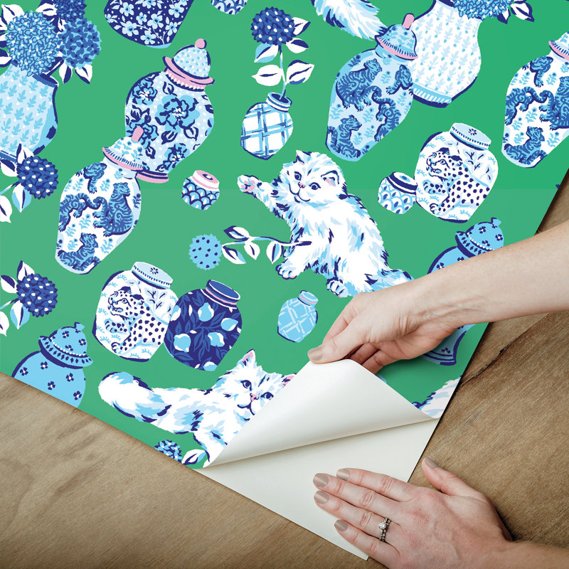 Fancy Cats Green Peel and Stick Wallpaper, Green