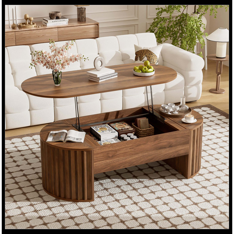 Table basse à plateau relevable de 47,2 po avec compartiment caché, table centrale en bois partiellement assemblée, plateau de table ovale moderne pour le salon