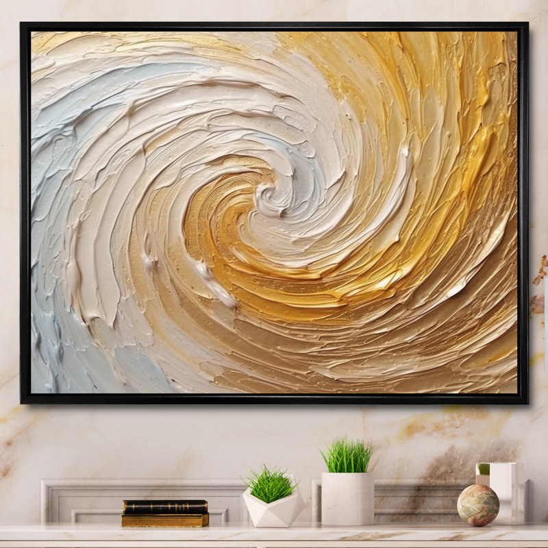 «Gold Cream Infinite Swirls I - Abstract Spirals», reproduction d'art, Cadre flottant noir, H 16 po x l 32 po x P 1 po