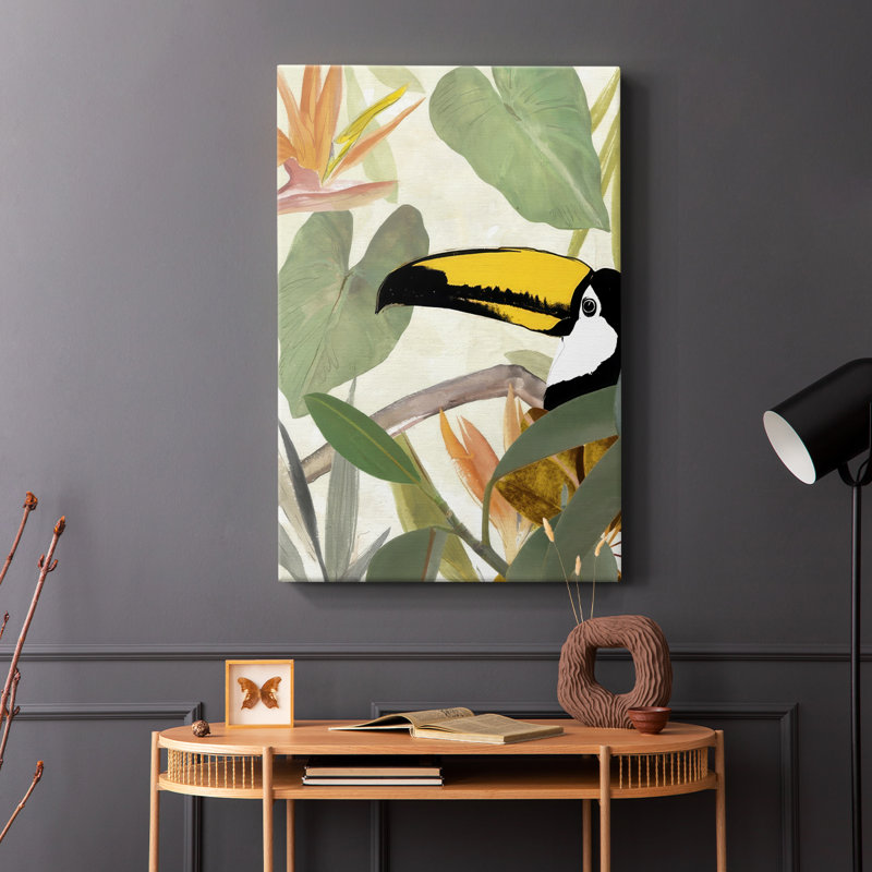 Perroquet dans les feuilles I - galerie Cavas, H 36 po x l 24 po