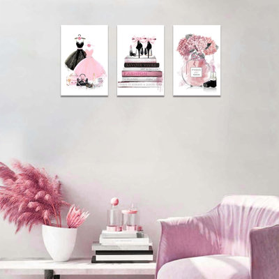 Bedroom Decor For Women Pink Fashion Watercolor Book Bag Perfume Paris Pictures Wall Decor 3 Pieces Bathroom Wall Art Bathroom Artwork For Home Walls Canvas Art Wall Decor For Girls 16X24inches X3pcs