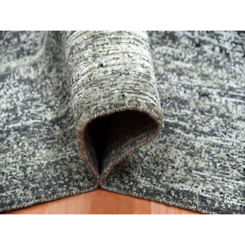8'2"x8'2" Black Hand Knotted Striae Design Wool and Silk Square Rug FE063818512C4EF5A03673B944490ABC