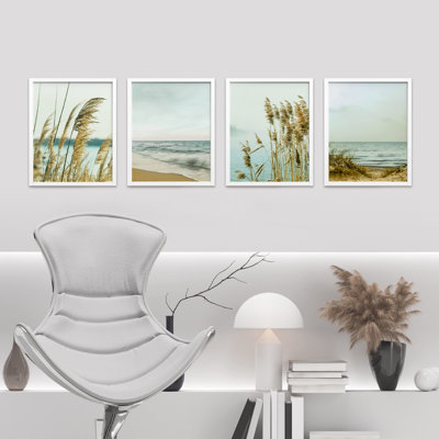 «White Winter California Beach Grass Ocean Horizons», impression sur papier 4 pièces