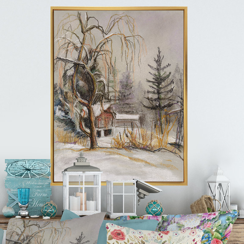 Winter Village Landscape II - peinture, H 20 po x l 12 po x P 1 po, Cadre flottant doré