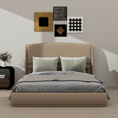 Structure de grand lit avec tête de lit tapissier à oreilles, plateforme à profil bas
