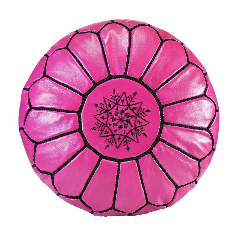 Leather Pouf, Hot Pink/Black Genuine Leather
