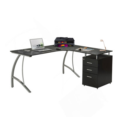 Bureau d'ordinateur moderne en L avec classeur et rangement, espresso