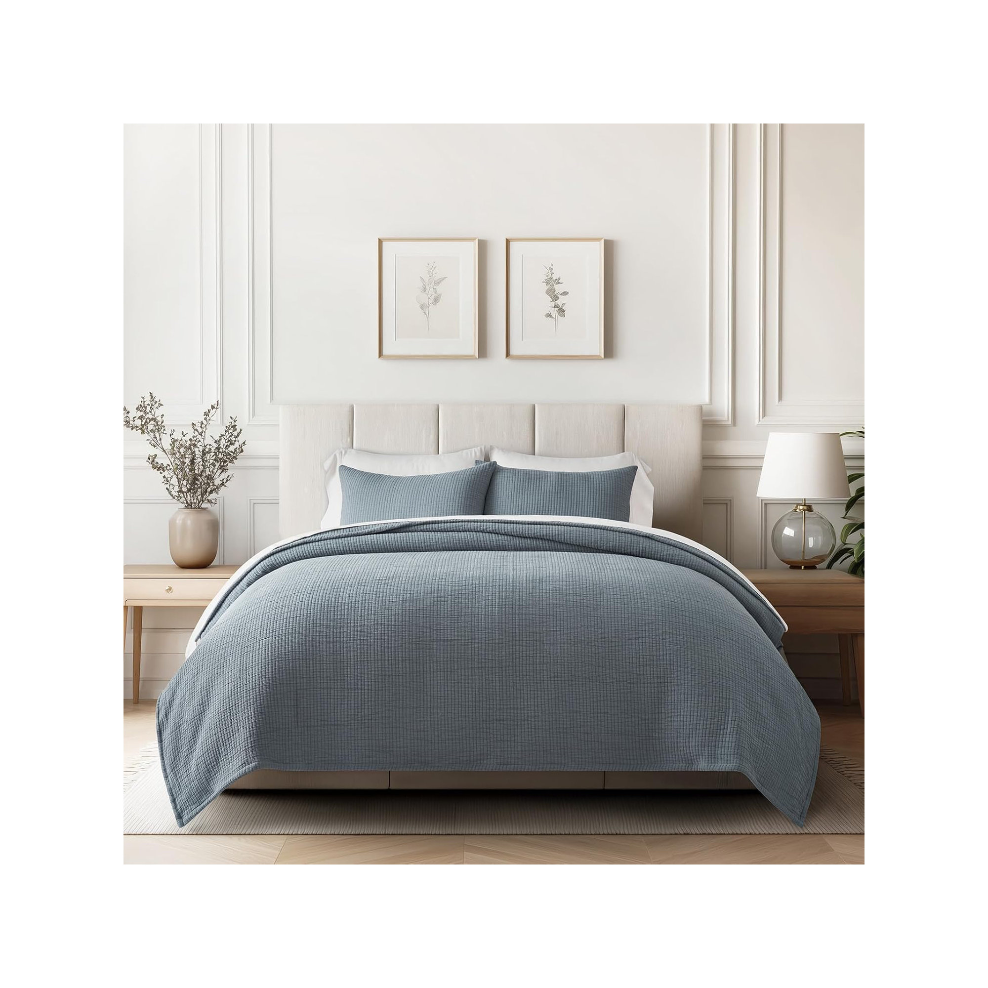 Solid Cotton Gauze Pick-stitch Matelesse Coverlet Bedspread set, King Quilt + 2 King Shams, Dusty Blue