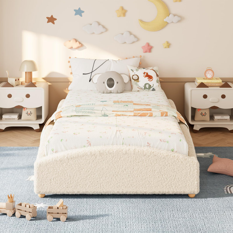 Lit de jour simple TG avec revêtement en peluche, structure de lit Cloud avec côtés surélevés, plateforme basse Montessori pour tout-petits, aucun sommier nécessaire, beige