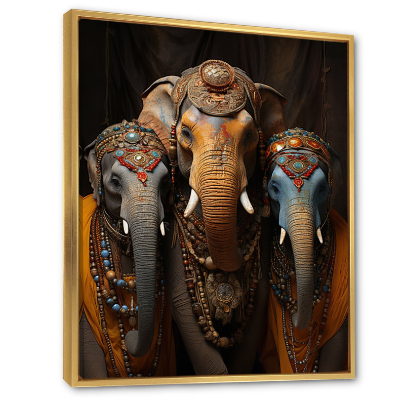 Art asiatique, éléphants thaïlandais sur toile, H 20 po x l 12 po x P 1 po, Cadre flottant doré