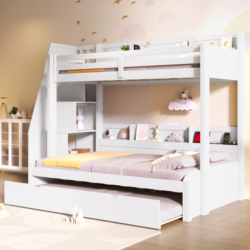 Twin over Full Bunk Bed with Storage Staircase, Trundle & Shelves – Space-Saving Kids Bed, White, White