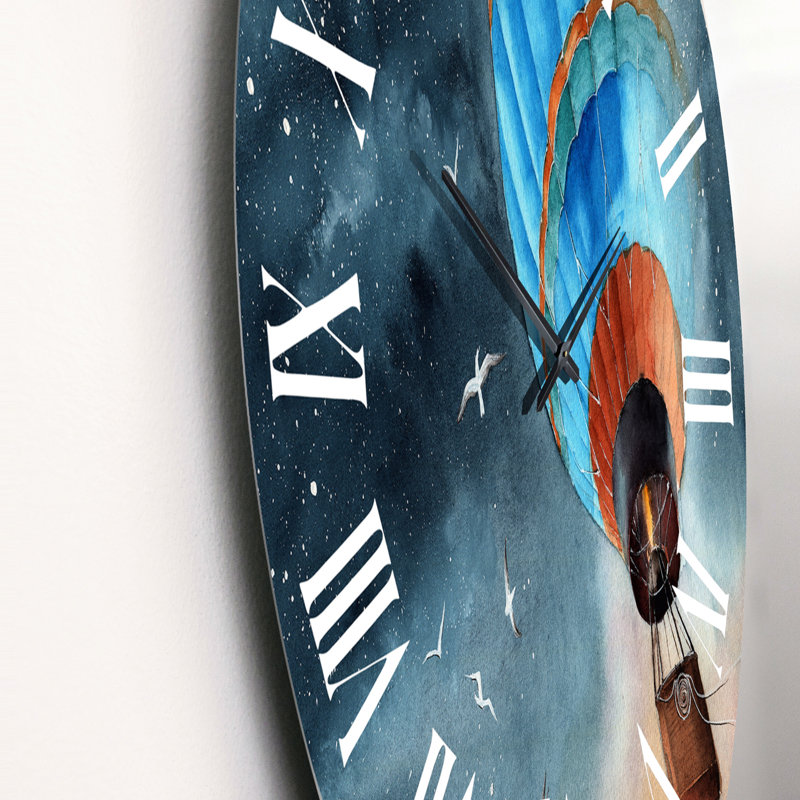 Horloge murale en forme de montgolfière bleue dans la nuit étoilée, Surdimensionné