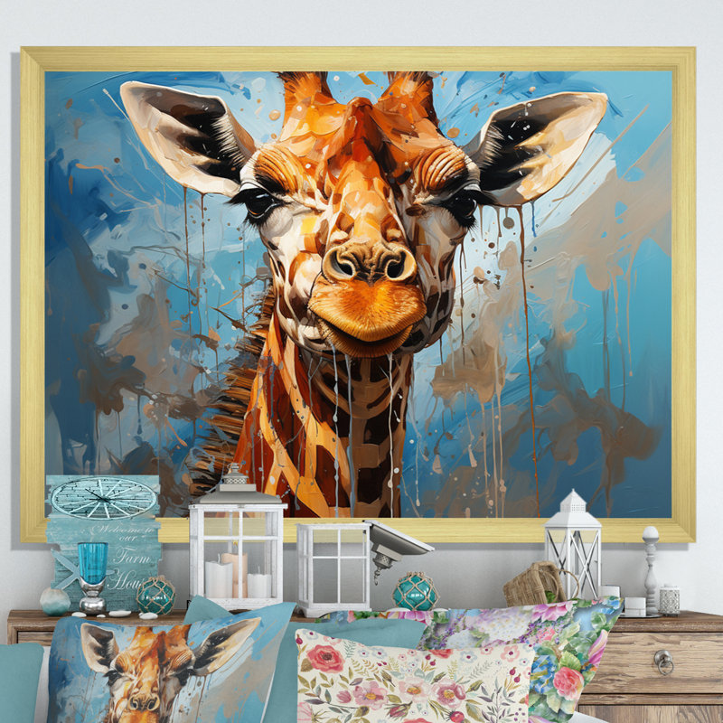 Collage animal girafe cobalt - imprimé, H 24 po x l 32 po x P 1 po, Encadrement doré