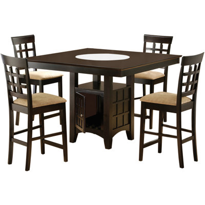 Table-repas transitionnelle avec table carrée, hauteur de comptoir, hauteur de présentation des bouteilles, armoire de table, 4 places assises pour l'espace
