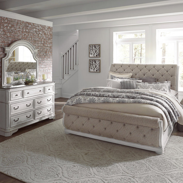 Colchester Upholstered Sleigh Bed, Dresser & Mirror