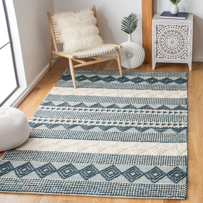 Southwestern Hand Woven Wool/Cotton Southwestern Rug, Rectangle 10' x 14', Dark Green/Ivory