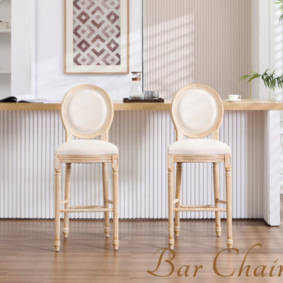 2 chaises de bar rembourrées de style campagne française de 30 po de hauteur avec dossier rond, démontables, structure en bois massif, coton et lin, tréfilage pour la cuisine et le salon