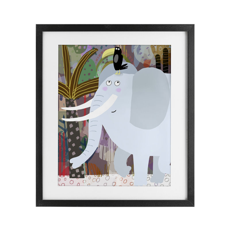 «Elephant & Toucan in Jungle», reproduction sous verre encadrée, design par Carla Daly, Cadre noir minuit, H 16 po x l 13 po