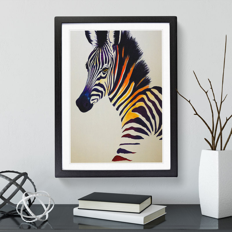 Colourful Zebra - Single Picture Frame Print, Black, 64cm H x 46cm W x 2cm D