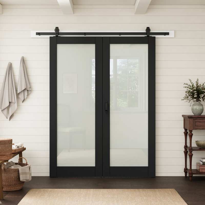 Porte intérieure standard 56 po x 80 po, 1 vantail, en verre trempé dépoli noir, avec quincaillerie pour portes pliantes de style grange, idéale pour le garde-manger et la cuisine.