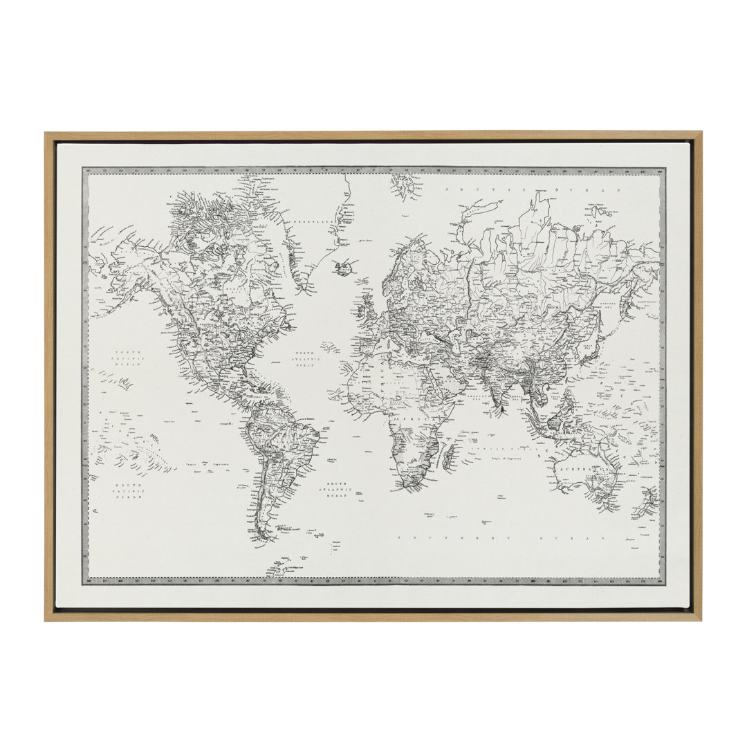 Vintage Black and White World Map by The Creative Bunch Studio - 2 Piece Floater Frame Graphic Art Set on Canvas Lark Manor™ 
