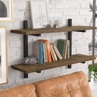 Rundell 36" Wide Rustic Industrial Solid Wood and Metal Frame Wall Mounted Tiered Shelf With Storage
