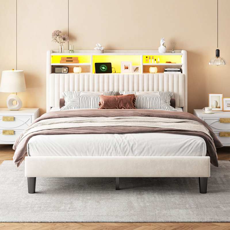 Upholstered Platform Bed With Storage Headboard, Led Lights & Charging Station, Beige, Queen