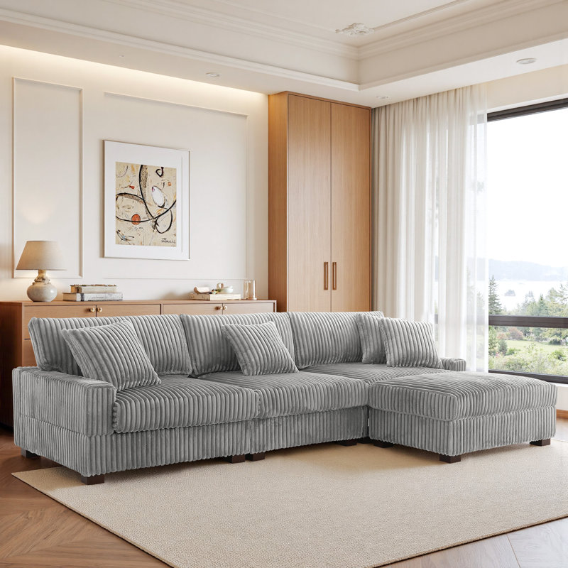 4 Seater Sofa & Chaise, Light Grey Polyester/Foam Padding