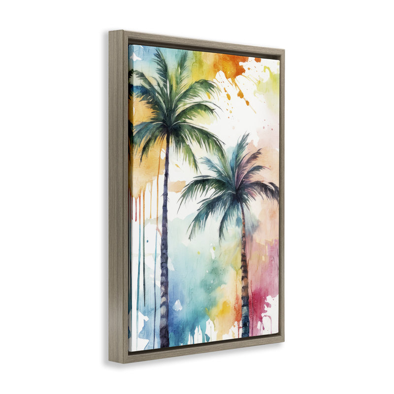 «Paint Splash Palms», toile flottante encadrée par Kim Allen, Cadre flottant orme Montalcino, H 31 po x l 21 po